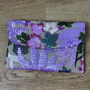 Floral Embroidered Sequin Envelope Clutch Bag Purple Green Formal Accessories
